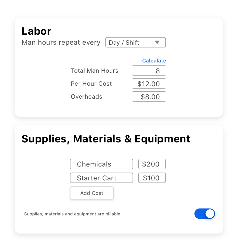 screen showing estimate costs breakdown